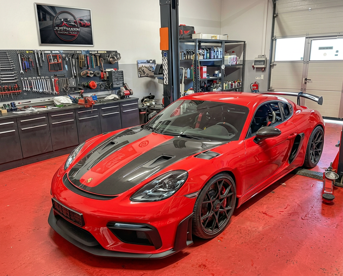 Porsche 718 Cayman GT4 RS in der Justmann Racing Werkstatt mit Justmann Racing Team Poster