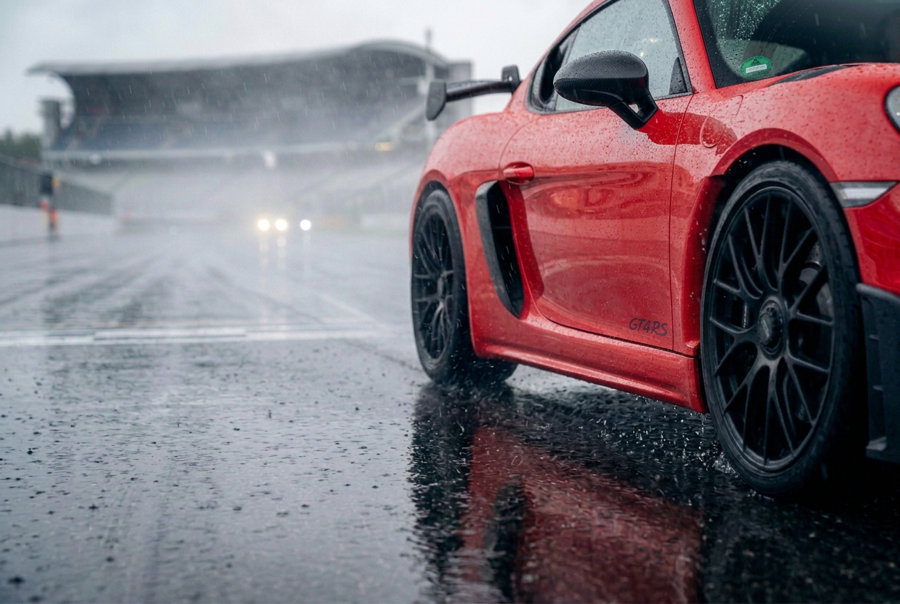 Porsche 718 GT4 RS bei Regen auf der Start-Ziel-Geraden des Hockenheimrings
